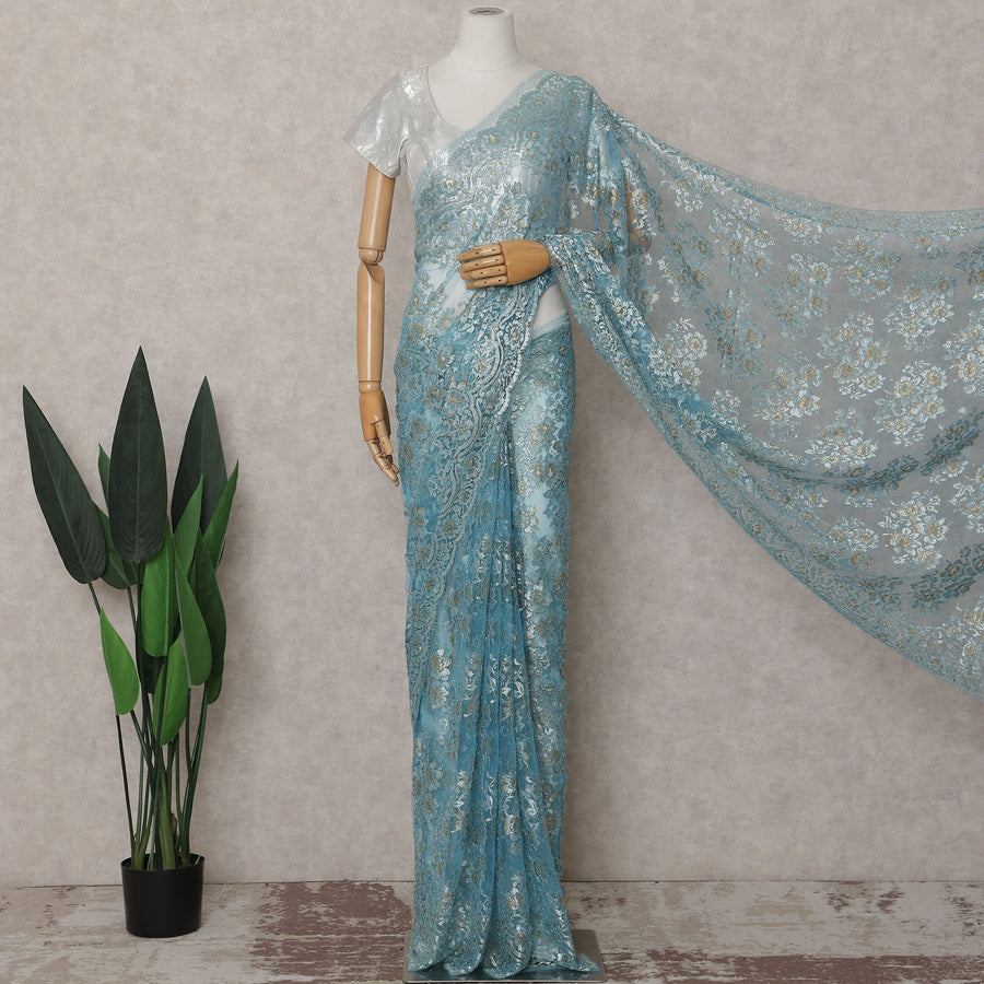 Sky Blue Gilded French Chantilly Lace Saree