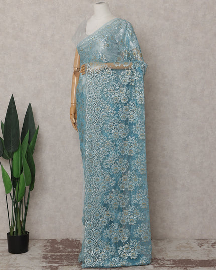 Sky Blue Gilded French Chantilly Lace Saree