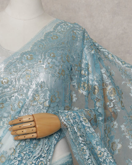 Sky Blue Gilded French Chantilly Lace Saree