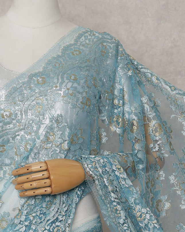Sky Blue Gilded French Chantilly Lace Saree
