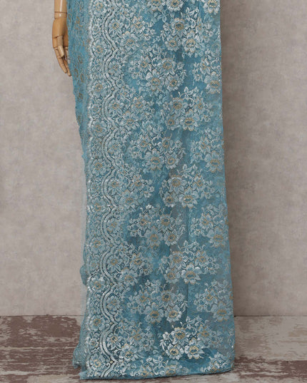 Sky Blue Gilded French Chantilly Lace Saree