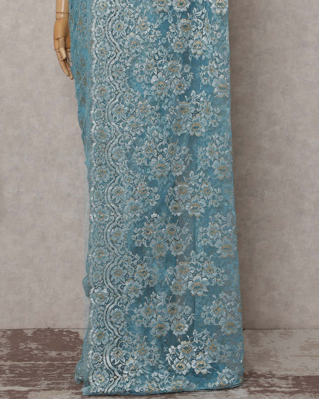 Sky Blue Gilded French Chantilly Lace Saree