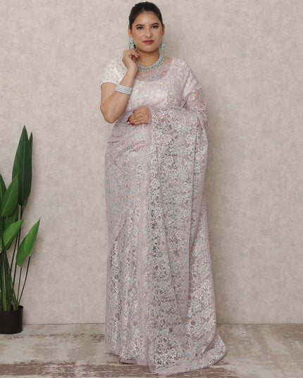Lavender Pink Premium French Metallic Chantilly Saree Lace, 5.5 Mtrs Length, 110 Cms Width, Made in France-D24448 - Regal Fabrics