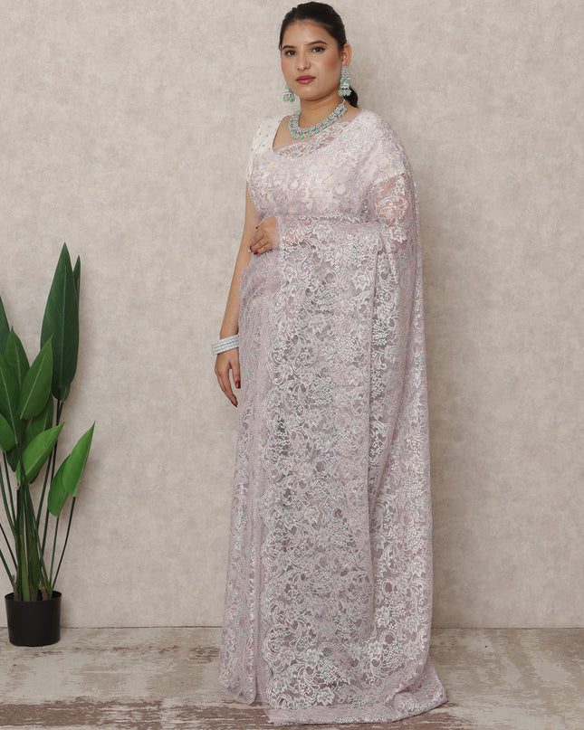 Lavender Pink Premium French Metallic Chantilly Saree Lace, 5.5 Mtrs Length, 110 Cms Width, Made in France-D24448