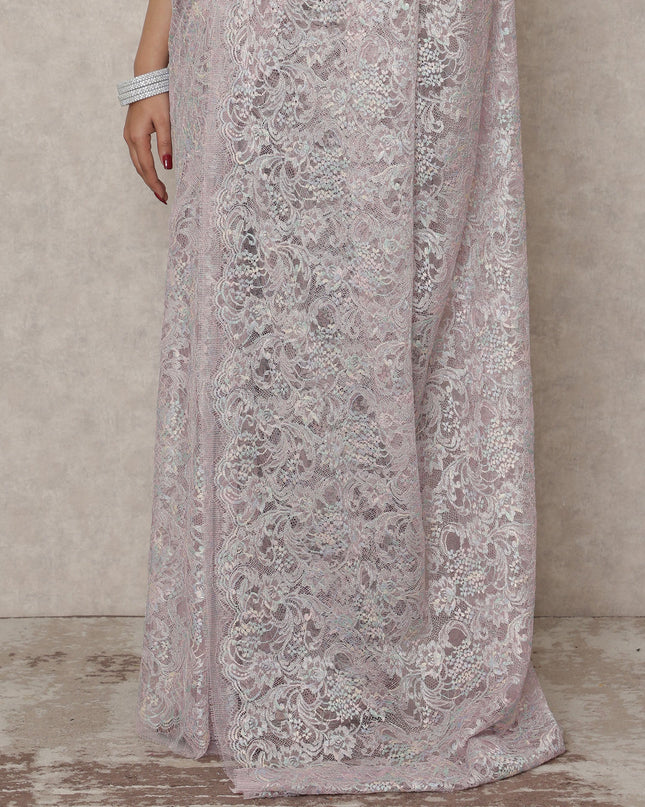 Lavender Pink Premium French Metallic Chantilly Saree Lace, 5.5 Mtrs Length, 110 Cms Width, Made in France-D24448