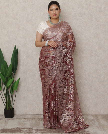 Wine Gold Premium French Metallic Chantilly Saree Lace, 5.5 Mtrs Length, 110 Cms Width, Made in France-D24450