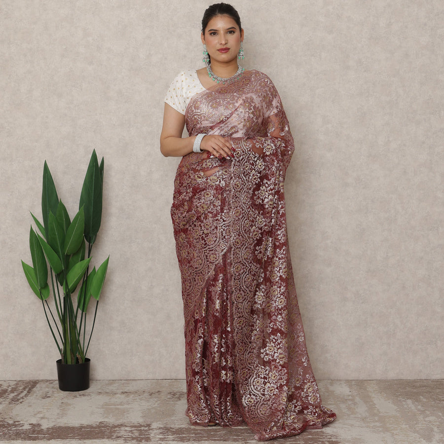 Wine Gold Premium French Metallic Chantilly Saree Lace, 5.5 Mtrs Length, 110 Cms Width, Made in France-D24450