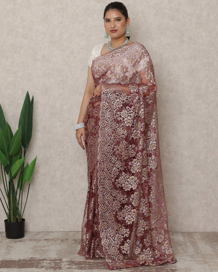 Wine Gold Premium French Metallic Chantilly Saree Lace, 5.5 Mtrs Length, 110 Cms Width, Made in France-D24450