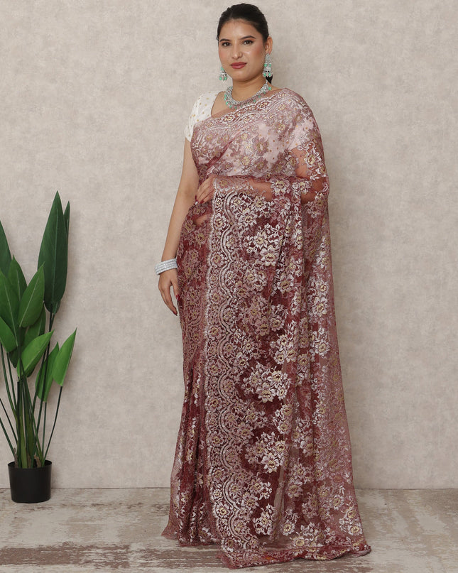 Wine Gold Premium French Metallic Chantilly Saree Lace, 5.5 Mtrs Length, 110 Cms Width, Made in France-D24450 - Regal Fabrics