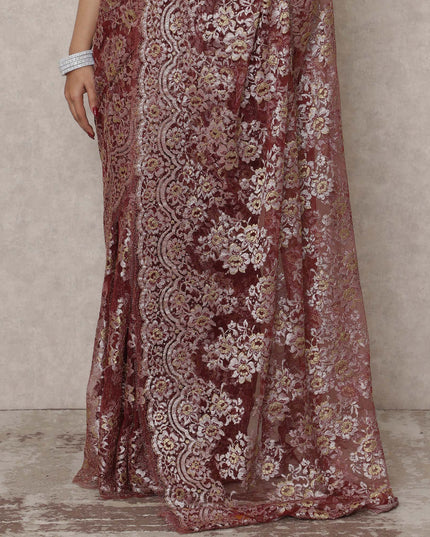 Wine Gold Premium French Metallic Chantilly Saree Lace, 5.5 Mtrs Length, 110 Cms Width, Made in France-D24450