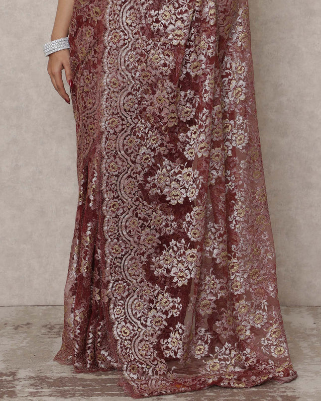 Wine Gold Premium French Metallic Chantilly Saree Lace, 5.5 Mtrs Length, 110 Cms Width, Made in France-D24450 - Regal Fabrics