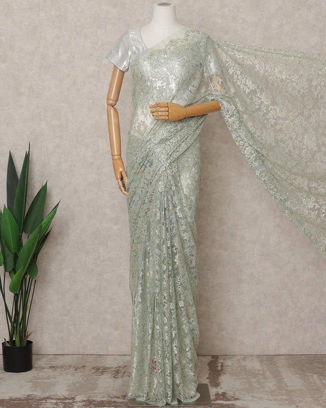 Sage Green Premium French Metallic Chantilly Lace Saree Fabric – 5.5 Meters Length, 110 Cms Width, Imported from France-D25716 Regal Fabrics