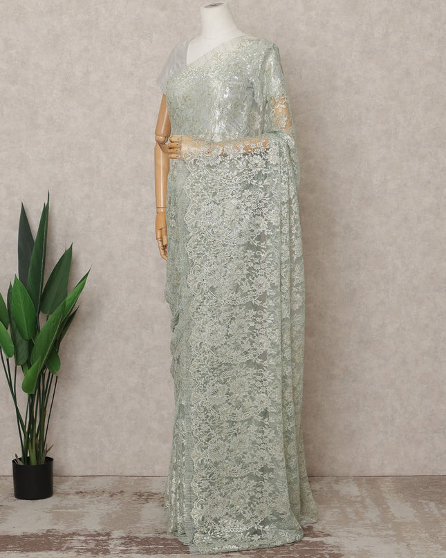 Sage Green Premium French Metallic Chantilly Lace Saree Fabric – 5.5 Meters Length, 110 Cms Width, Imported from France-D25716 Regal Fabrics