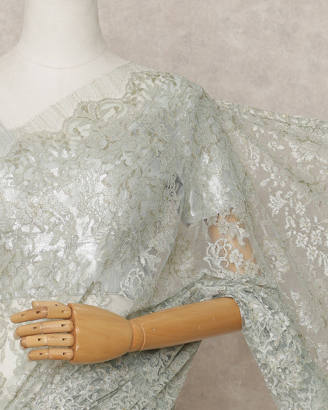 Sage Green Premium French Metallic Chantilly Lace Saree Fabric – 5.5 Meters Length, 110 Cms Width, Imported from France-D25716 Regal Fabrics