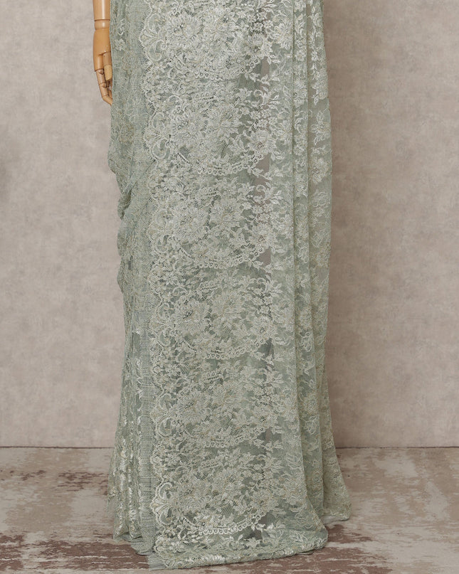 Sage Green Premium French Metallic Chantilly Lace Saree Fabric – 5.5 Meters Length, 110 Cms Width, Imported from France-D25716 Regal Fabrics