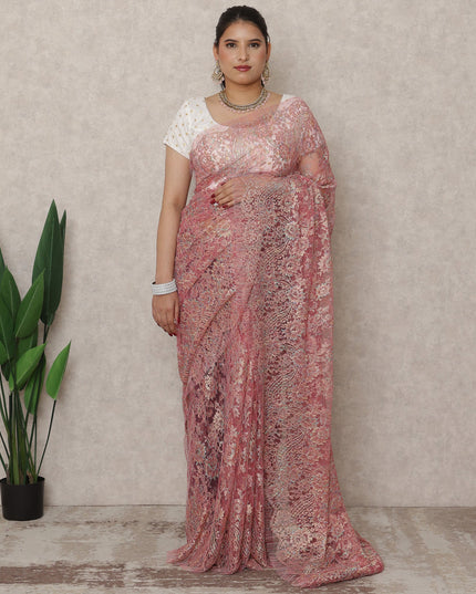 Rose Pink Premium French Metallic Chantilly Saree Lace, 5.5 Mtrs Length, 110 Cms Width, Made in France-D24444