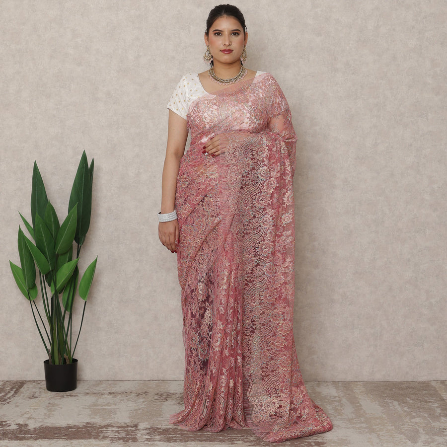 Rose Pink Premium French Metallic Chantilly Saree Lace, 5.5 Mtrs Length, 110 Cms Width, Made in France-D24444