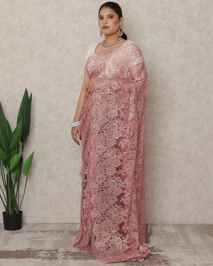 Rose Pink Premium French Metallic Chantilly Saree Lace, 5.5 Mtrs Length, 110 Cms Width, Made in France-D24444