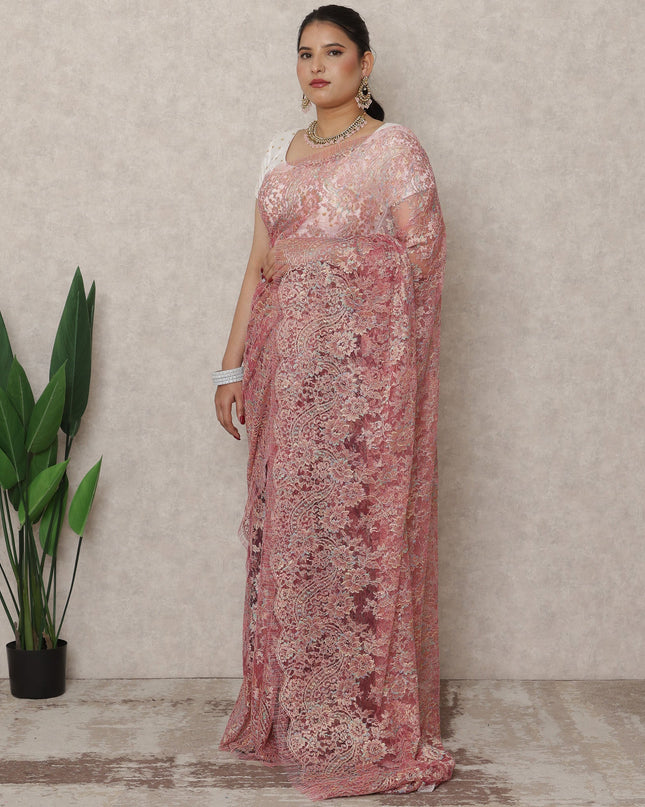 Rose Pink Premium French Metallic Chantilly Saree Lace, 5.5 Mtrs Length, 110 Cms Width, Made in France-D24444