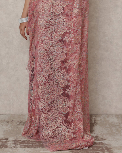Rose Pink Premium French Metallic Chantilly Saree Lace, 5.5 Mtrs Length, 110 Cms Width, Made in France-D24444