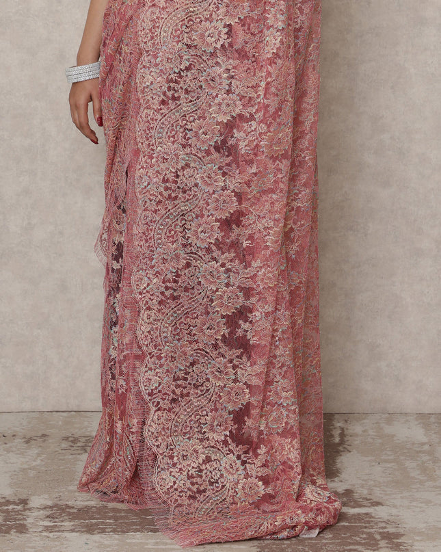 Rose Pink Premium French Metallic Chantilly Saree Lace, 5.5 Mtrs Length, 110 Cms Width, Made in France-D24444