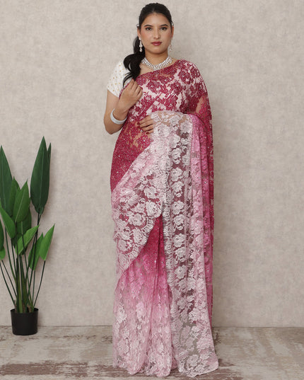 ساري فرنسي فاخر من الدانتيل الشانتيلي، من اللون الوردي الفاتح إلى النبيذي الداكن، مع تطريز حجري، بطول 5.5 متر، وعرض 110 سم، صنع في فرنسا - D24420