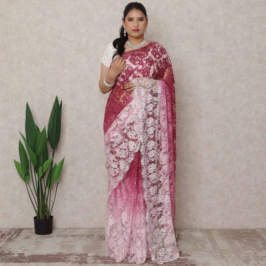 ساري فرنسي فاخر من الدانتيل الشانتيلي، من اللون الوردي الفاتح إلى النبيذي الداكن، مع تطريز حجري، بطول 5.5 متر، وعرض 110 سم، صنع في فرنسا - D24420