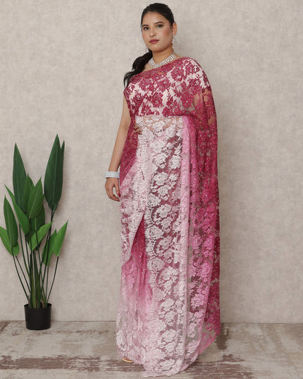 ساري فرنسي فاخر من الدانتيل الشانتيلي، من اللون الوردي الفاتح إلى النبيذي الداكن، مع تطريز حجري، بطول 5.5 متر، وعرض 110 سم، صنع في فرنسا - D24420