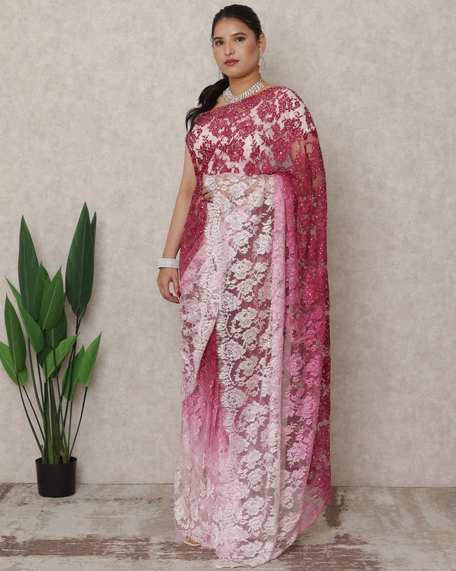 ساري فرنسي فاخر من الدانتيل الشانتيلي، من اللون الوردي الفاتح إلى النبيذي الداكن، مع تطريز حجري، بطول 5.5 متر، وعرض 110 سم، صنع في فرنسا - D24420