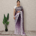 Lavender to Deep Purple Ombre Premium French Chantilly Lace Saree with Stone Work, 5.5 Mtrs Length, 110 Cms Width, Made in France-D24413