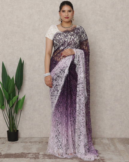 Lavender to Deep Purple Ombre Premium French Chantilly Lace Saree with Stone Work, 5.5 Mtrs Length, 110 Cms Width, Made in France-D24413