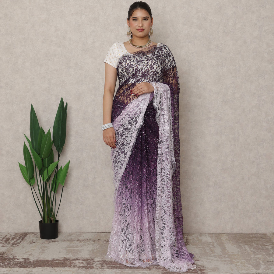 Lavender to Deep Purple Ombre Premium French Chantilly Lace Saree with Stone Work, 5.5 Mtrs Length, 110 Cms Width, Made in France-D24413