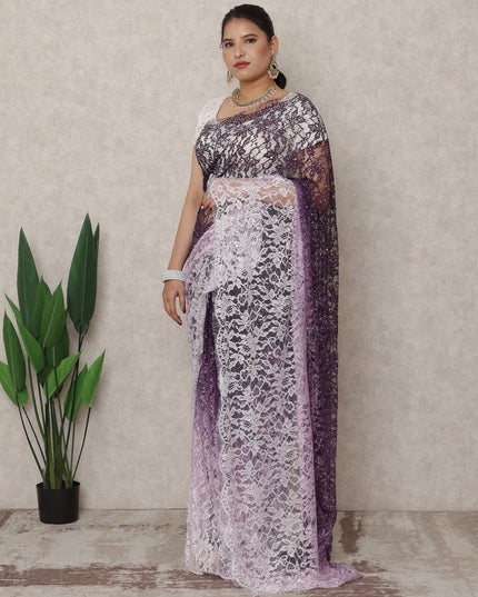Lavender to Deep Purple Ombre Premium French Chantilly Lace Saree with Stone Work, 5.5 Mtrs Length, 110 Cms Width, Made in France-D24413