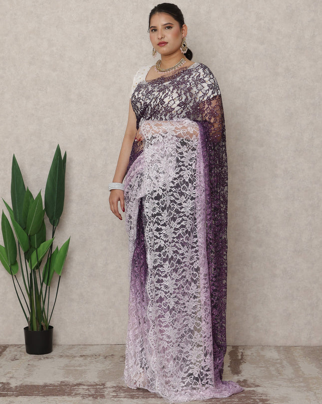 ساري فرنسي فاخر من الدانتيل الشانتيلي مع تطريز حجري، من الخزامى إلى البنفسجي الغامق، بطول 5.5 متر، وعرض 110 سم، صنع في فرنسا - D24413