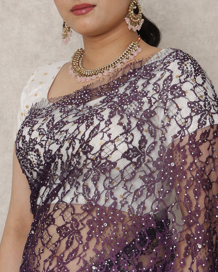 Lavender to Deep Purple Ombre Premium French Chantilly Lace Saree with Stone Work, 5.5 Mtrs Length, 110 Cms Width, Made in France-D24413