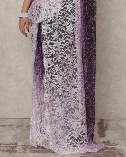 Lavender to Deep Purple Ombre Premium French Chantilly Lace Saree with Stone Work, 5.5 Mtrs Length, 110 Cms Width, Made in France-D24413