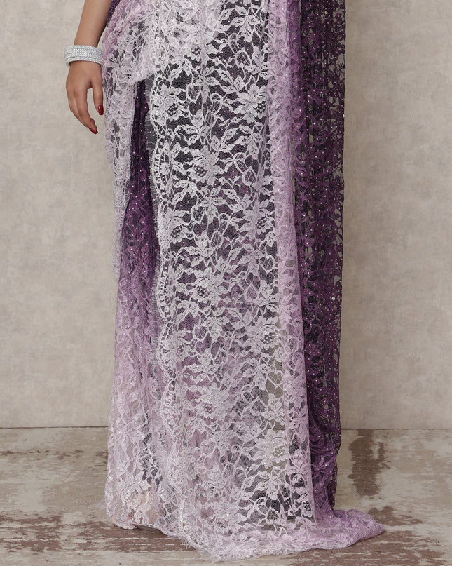 ساري فرنسي فاخر من الدانتيل الشانتيلي مع تطريز حجري، من الخزامى إلى البنفسجي الغامق، بطول 5.5 متر، وعرض 110 سم، صنع في فرنسا - D24413