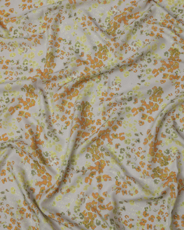Grey Base Orange and Green Abstract Floral Printed Pure Silk Satin Fabric 140 Cms Width Made in South Korea-D24920