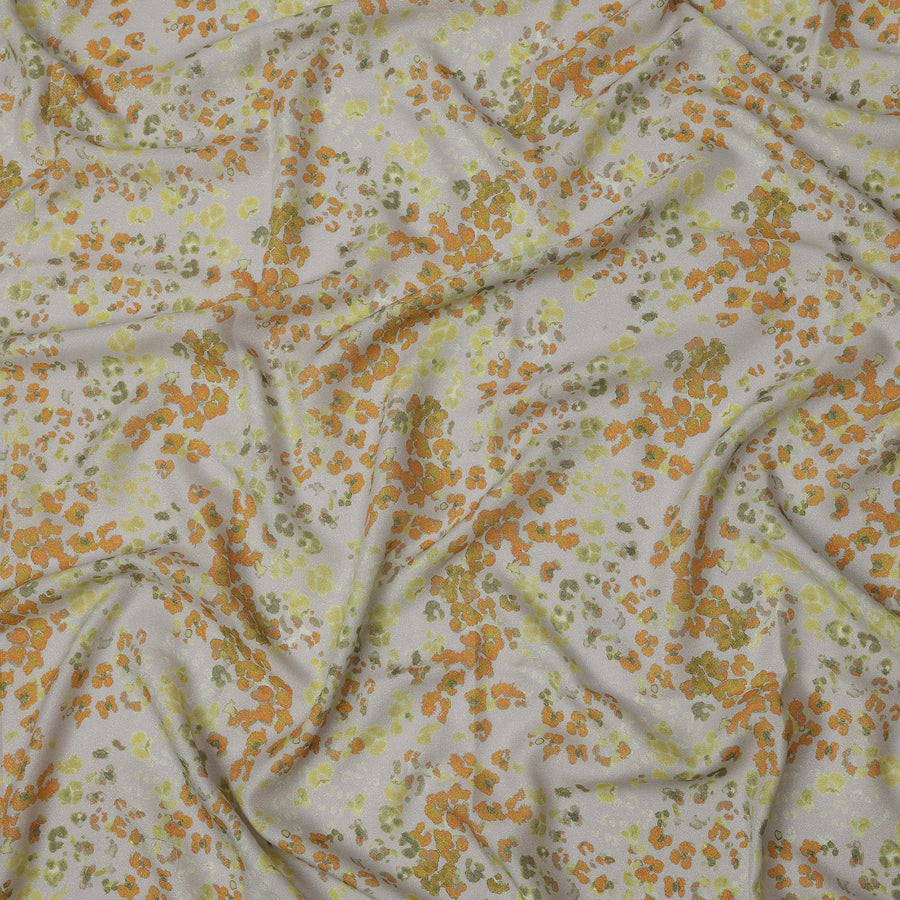 Grey Base Orange and Green Abstract Floral Printed Pure Silk Satin Fabric 140 Cms Width Made in South Korea-D24920