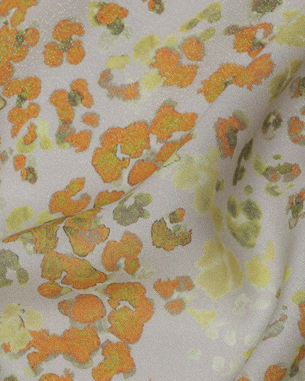 Grey Base Orange and Green Abstract Floral Printed Pure Silk Satin Fabric 140 Cms Width Made in South Korea-D24920