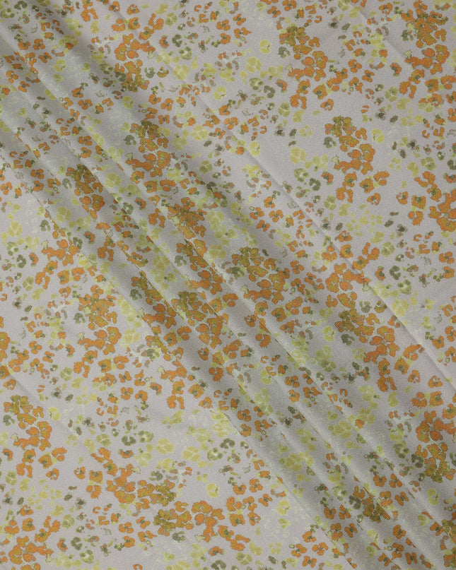Grey Base Orange and Green Abstract Floral Printed Pure Silk Satin Fabric 140 Cms Width Made in South Korea-D24920