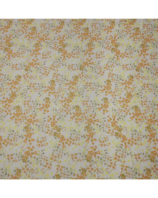 Grey Base Orange and Green Abstract Floral Printed Pure Silk Satin Fabric 140 Cms Width Made in South Korea-D24920