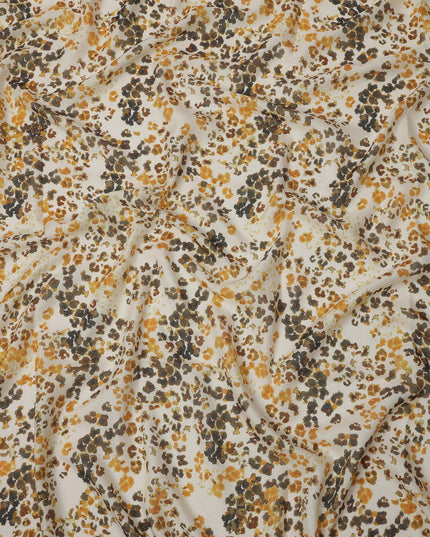 Ivory Base Brown and Mustard Abstract Floral Printed Pure Silk Satin Fabric 140 Cms Width Made in South Korea-D24919
