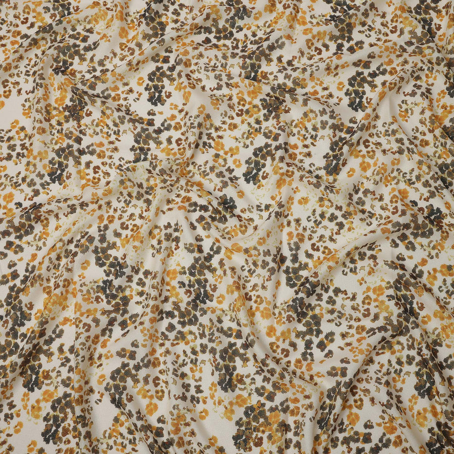 Ivory Base Brown and Mustard Abstract Floral Printed Pure Silk Satin Fabric 140 Cms Width Made in South Korea-D24919