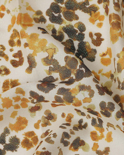 Ivory Base Brown and Mustard Abstract Floral Printed Pure Silk Satin Fabric 140 Cms Width Made in South Korea-D24919