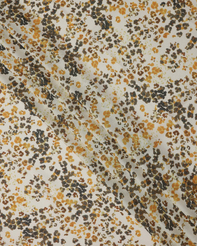 Ivory Base Brown and Mustard Abstract Floral Printed Pure Silk Satin Fabric 140 Cms Width Made in South Korea-D24919