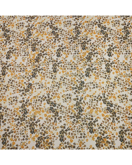 Ivory Base Brown and Mustard Abstract Floral Printed Pure Silk Satin Fabric 140 Cms Width Made in South Korea-D24919