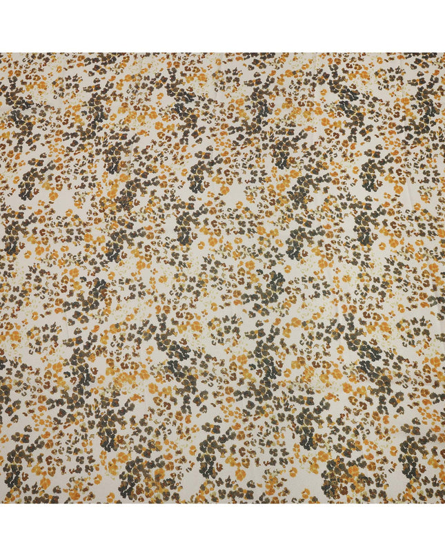 Ivory Base Brown and Mustard Abstract Floral Printed Pure Silk Satin Fabric 140 Cms Width Made in South Korea-D24919