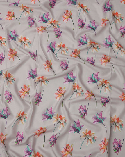 Grey Base Multicolor Floral Printed Pure Silk Satin Fabric 140 Cms Width Made in South Korea-D24921