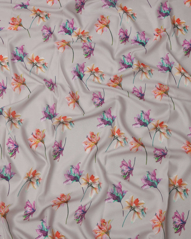 Grey Base Multicolor Floral Printed Pure Silk Satin Fabric 140 Cms Width Made in South Korea-D24921